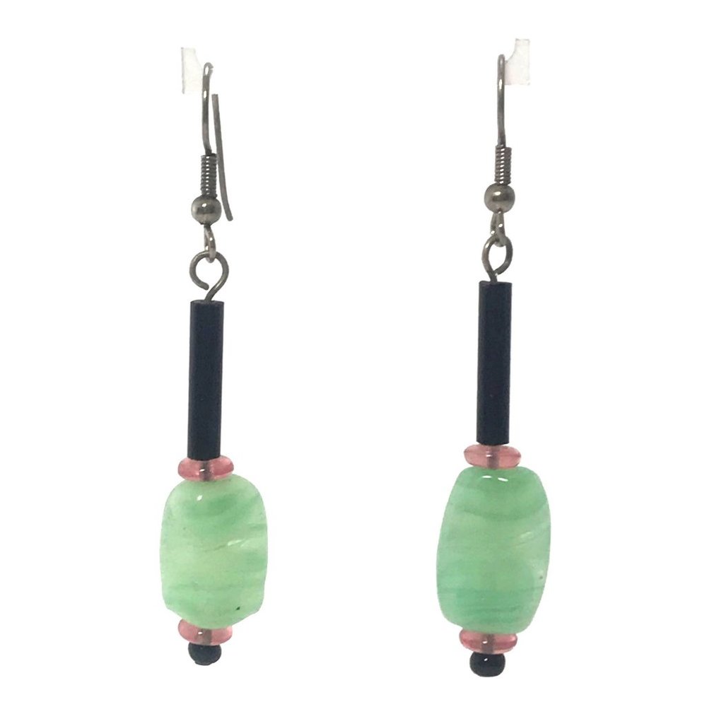 Vintage Handmade Czech Art Glass Bead Earrings in Green Black and Pink